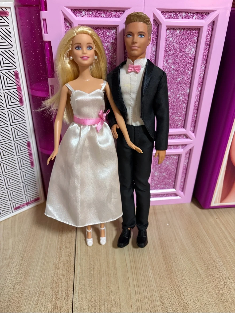 Barbie Bridal Doll Couple in White Satin with Pink Accents